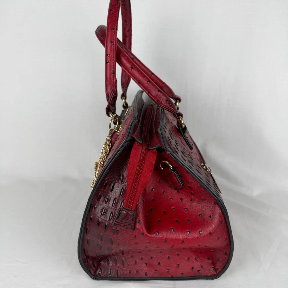 Mia K Farrow Red Ostrich Crocodile Embossed Satchel Handbag Gold Hardware